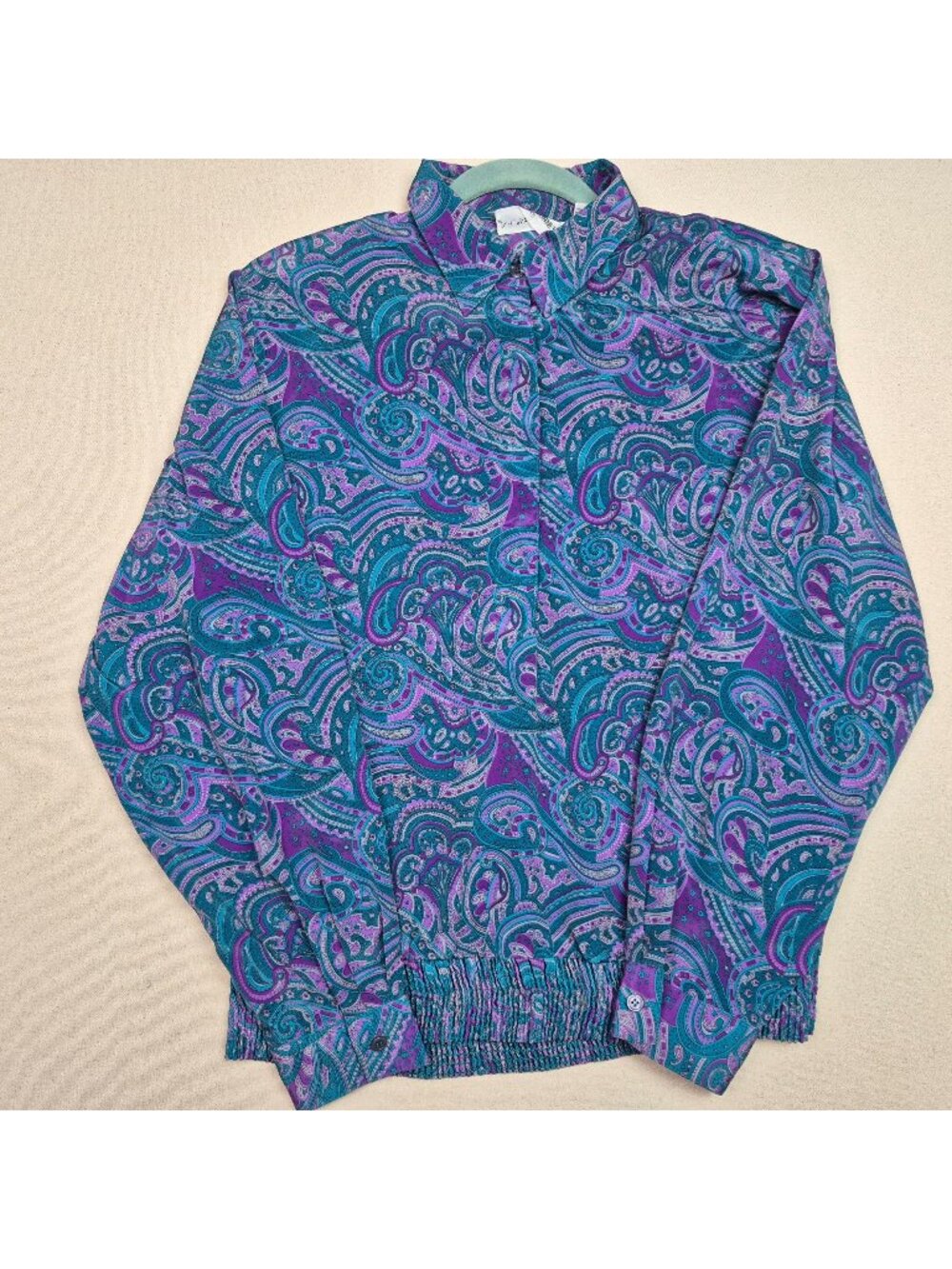 Alfred Dunner Women's Elastic Waist Half Button Purple/Teal Paisley Blouse Sz 18
